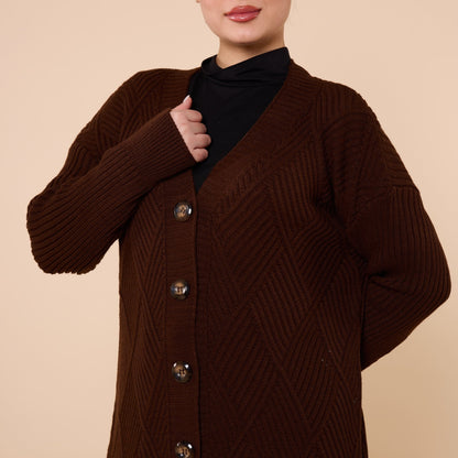 Diamond Pattern Buttoned Cardigan With Stripe Detail