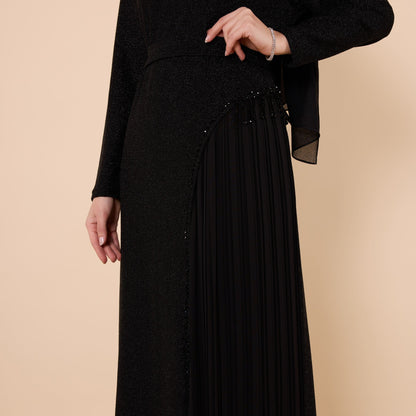Embellished Chiffon Evening Dress With Shiny Fabric And Belt