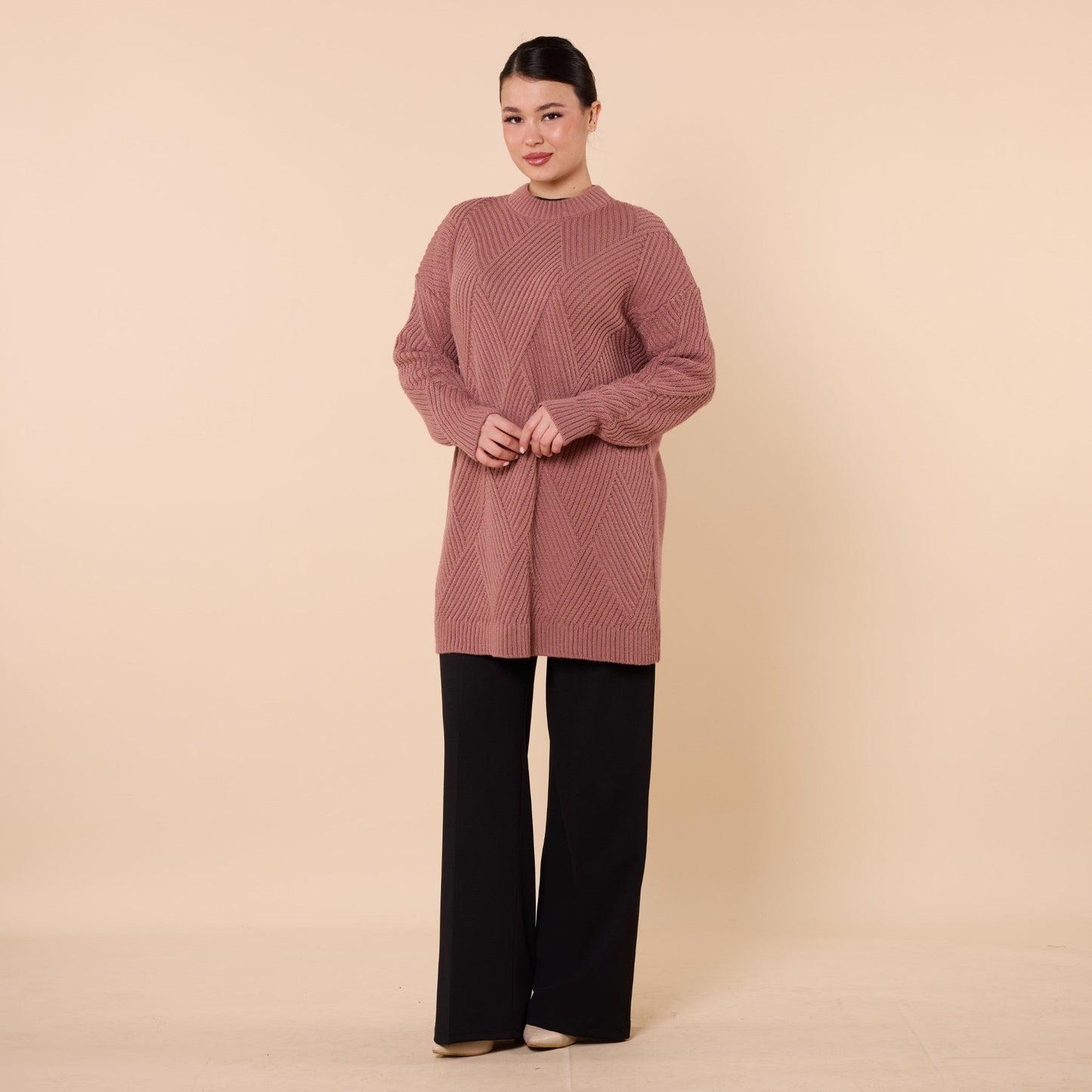 Diamond Pattern Tunic Sweater With Stripe Detail