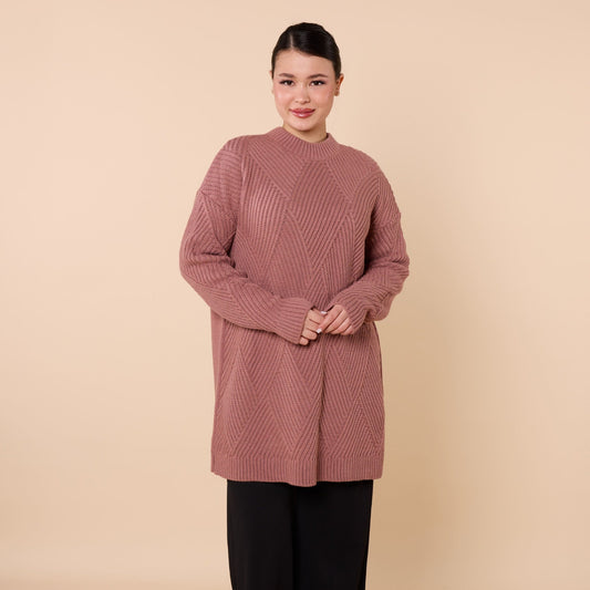 Diamond Pattern Tunic Sweater With Stripe Detail