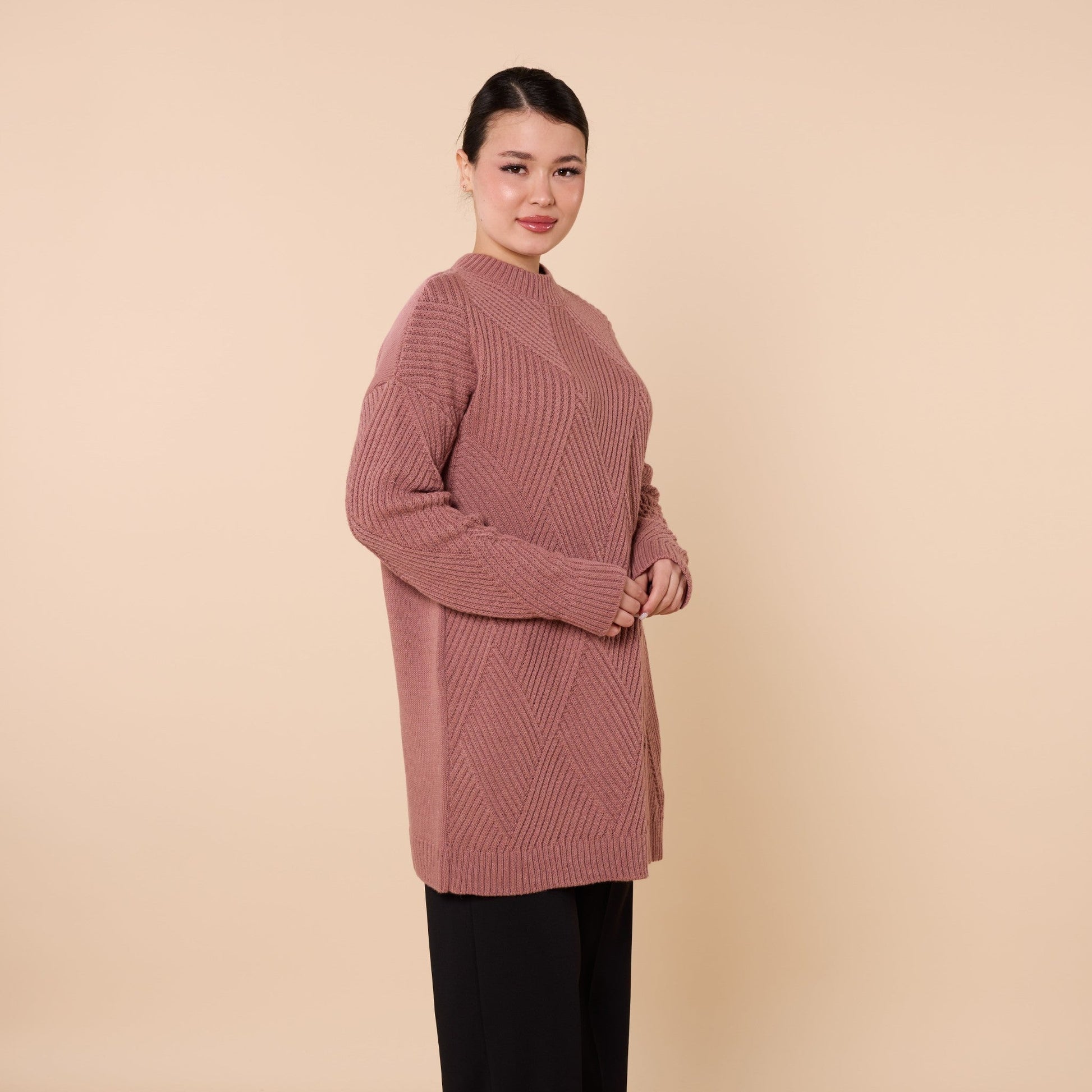 Diamond Pattern Tunic Sweater With Stripe Detail