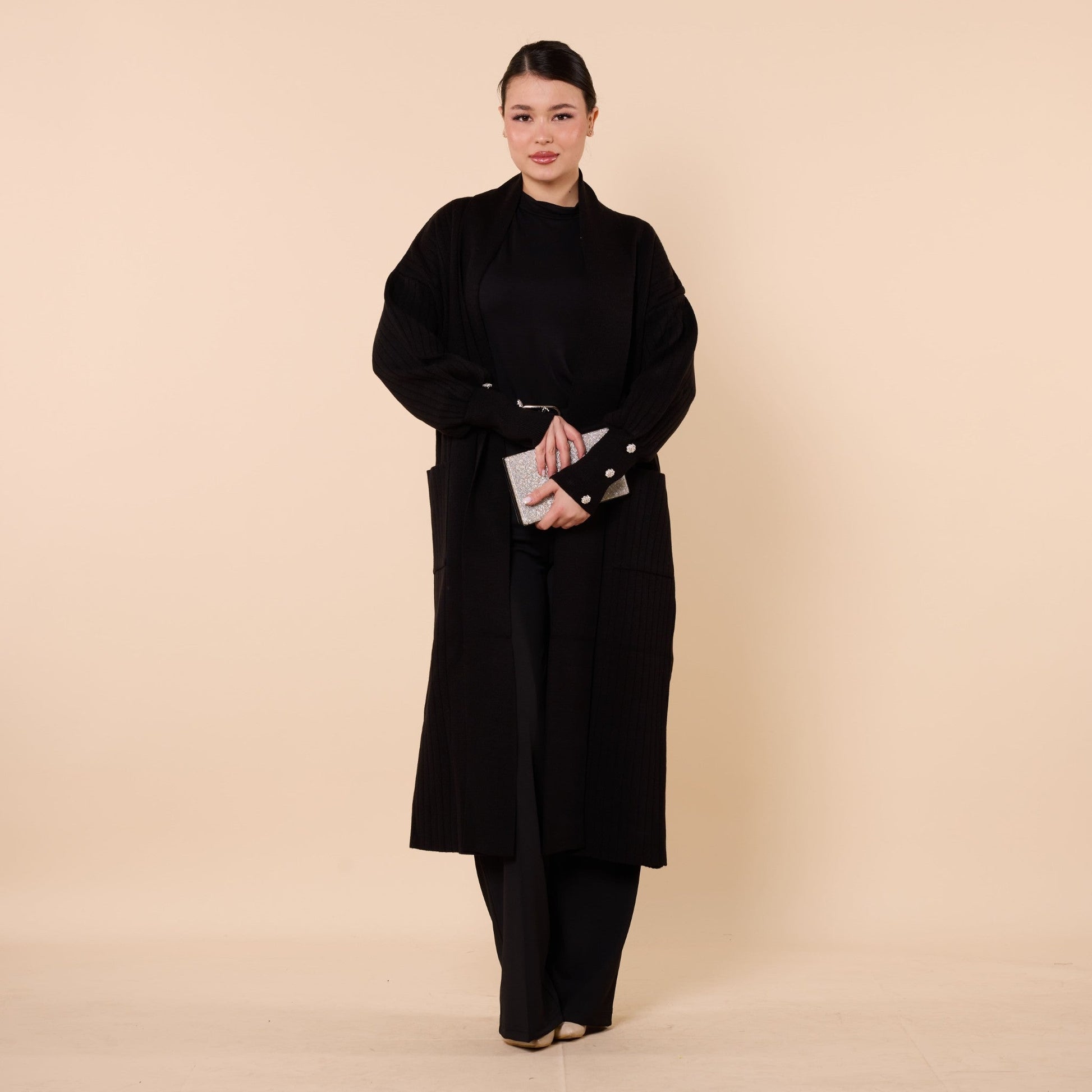 Striped Design Long Cardigan With Shawl Collar And Pockets