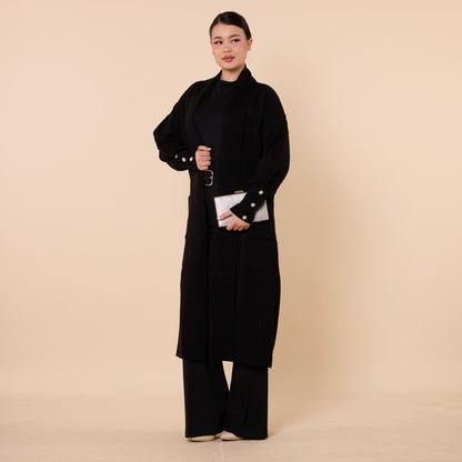 Striped Design Long Cardigan With Shawl Collar And Pockets