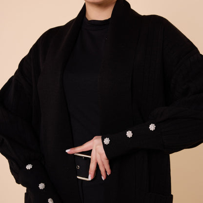 Striped Design Long Cardigan With Shawl Collar And Pockets