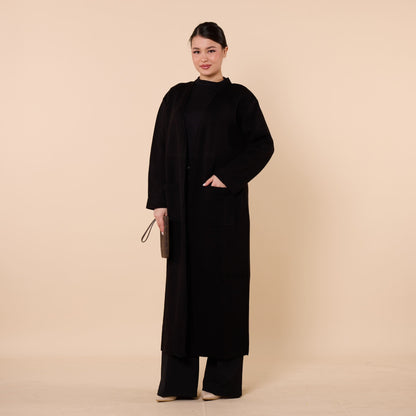 Plain Long Cardigan With Shawl Collar And Pockets