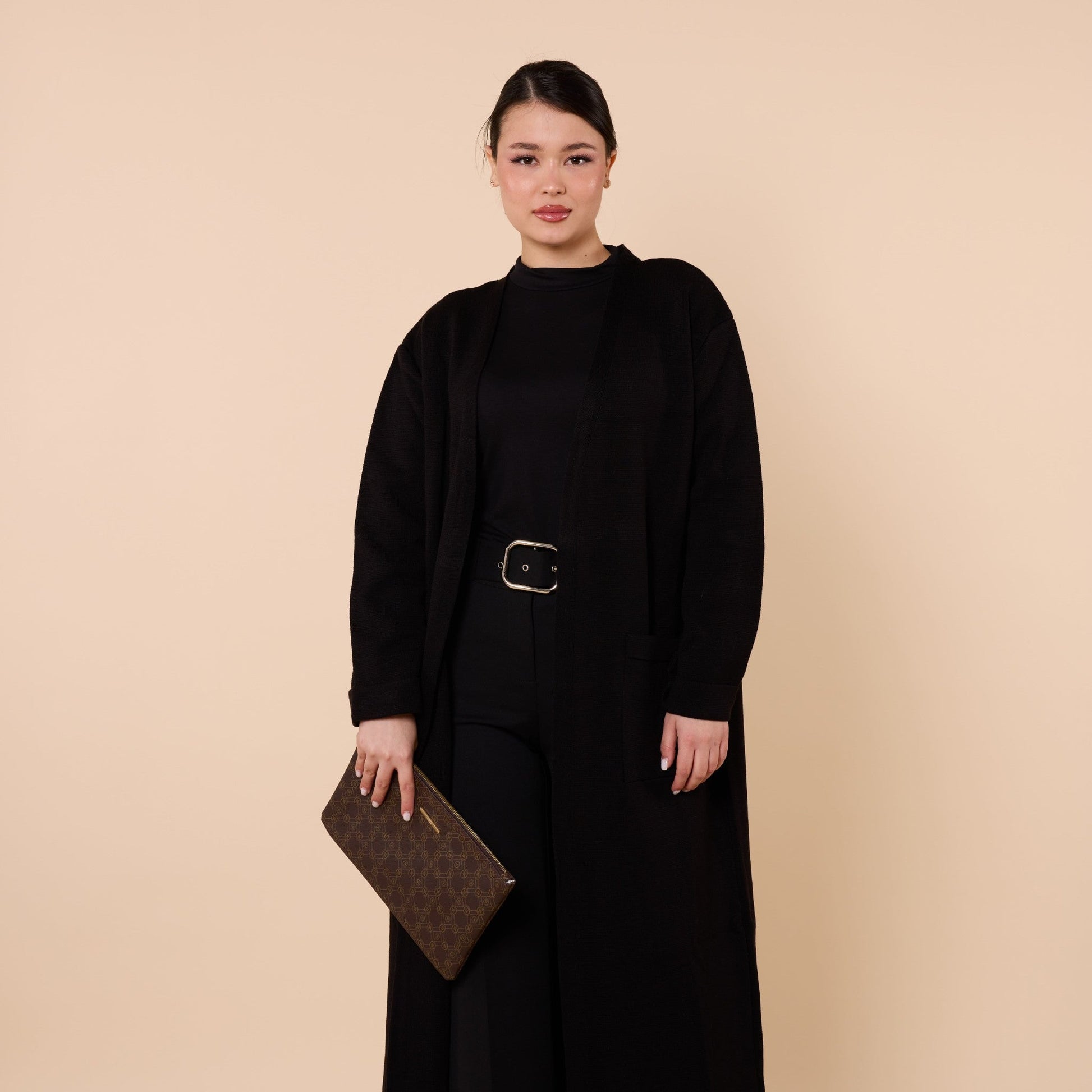 Plain Long Cardigan With Shawl Collar And Pockets