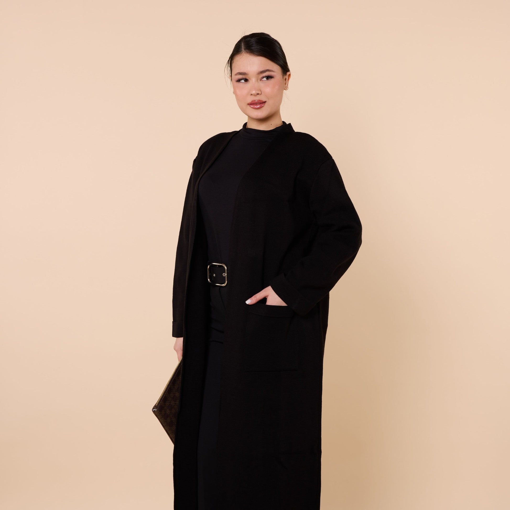 Plain Long Cardigan With Shawl Collar And Pockets