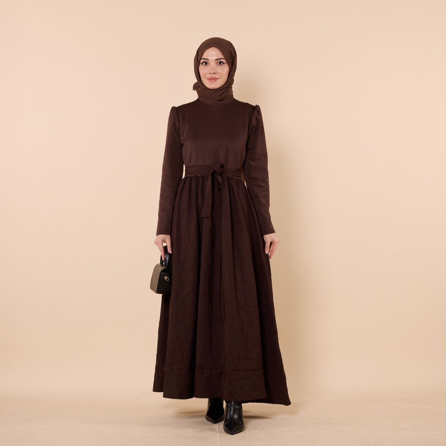 Textured Pattern Long Dress With Waist Tie