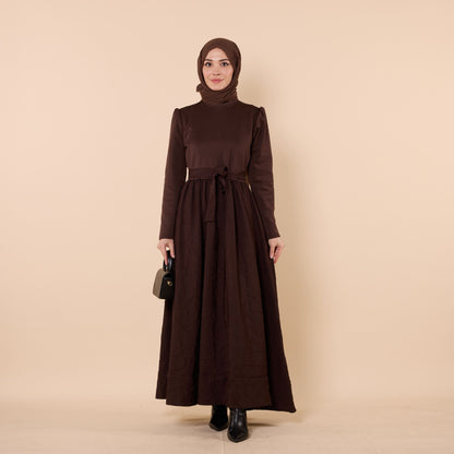 Textured Pattern Long Dress With Waist Tie