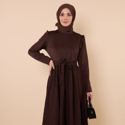 Textured Pattern Long Dress With Waist Tie