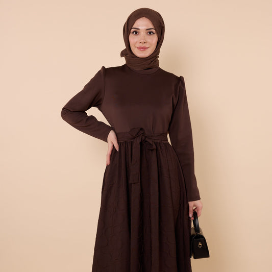 Textured Pattern Long Dress With Waist Tie