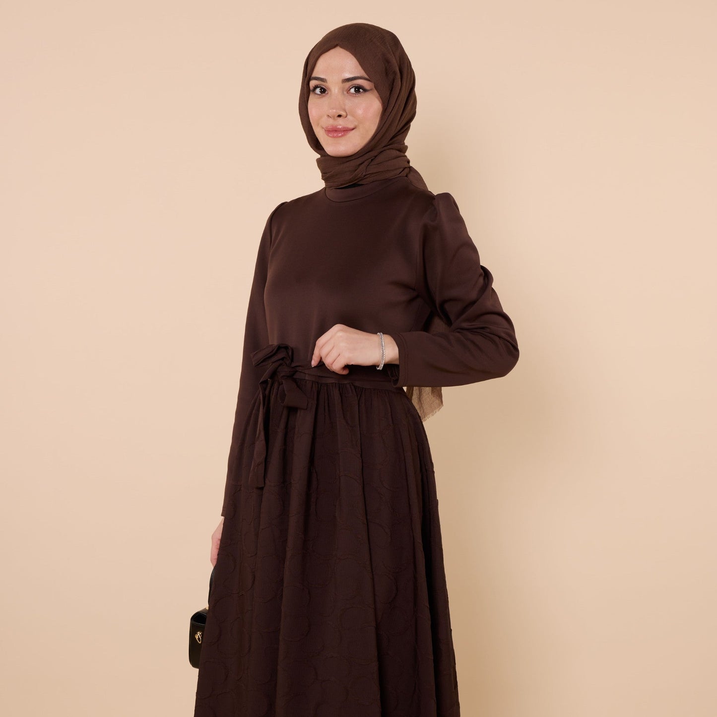 Textured Pattern Long Dress With Waist Tie