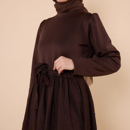 Textured Pattern Long Dress With Waist Tie