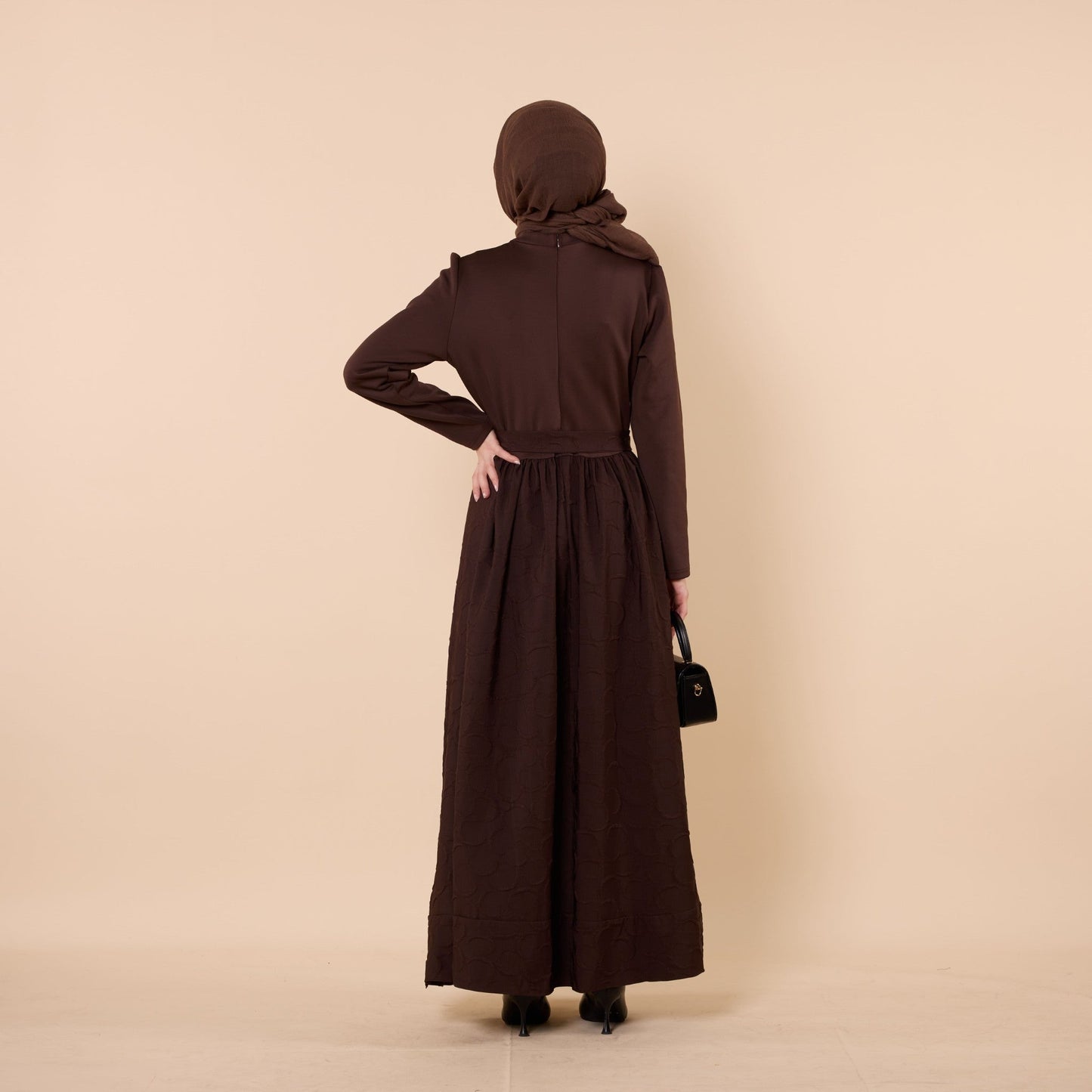Textured Pattern Long Dress With Waist Tie