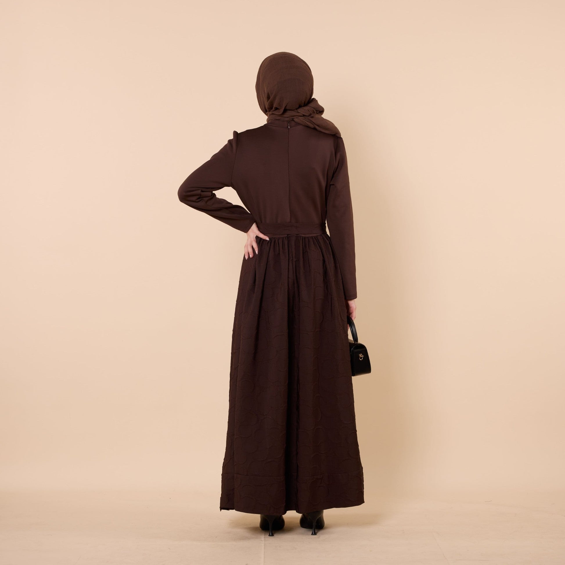 Textured Pattern Long Dress With Waist Tie