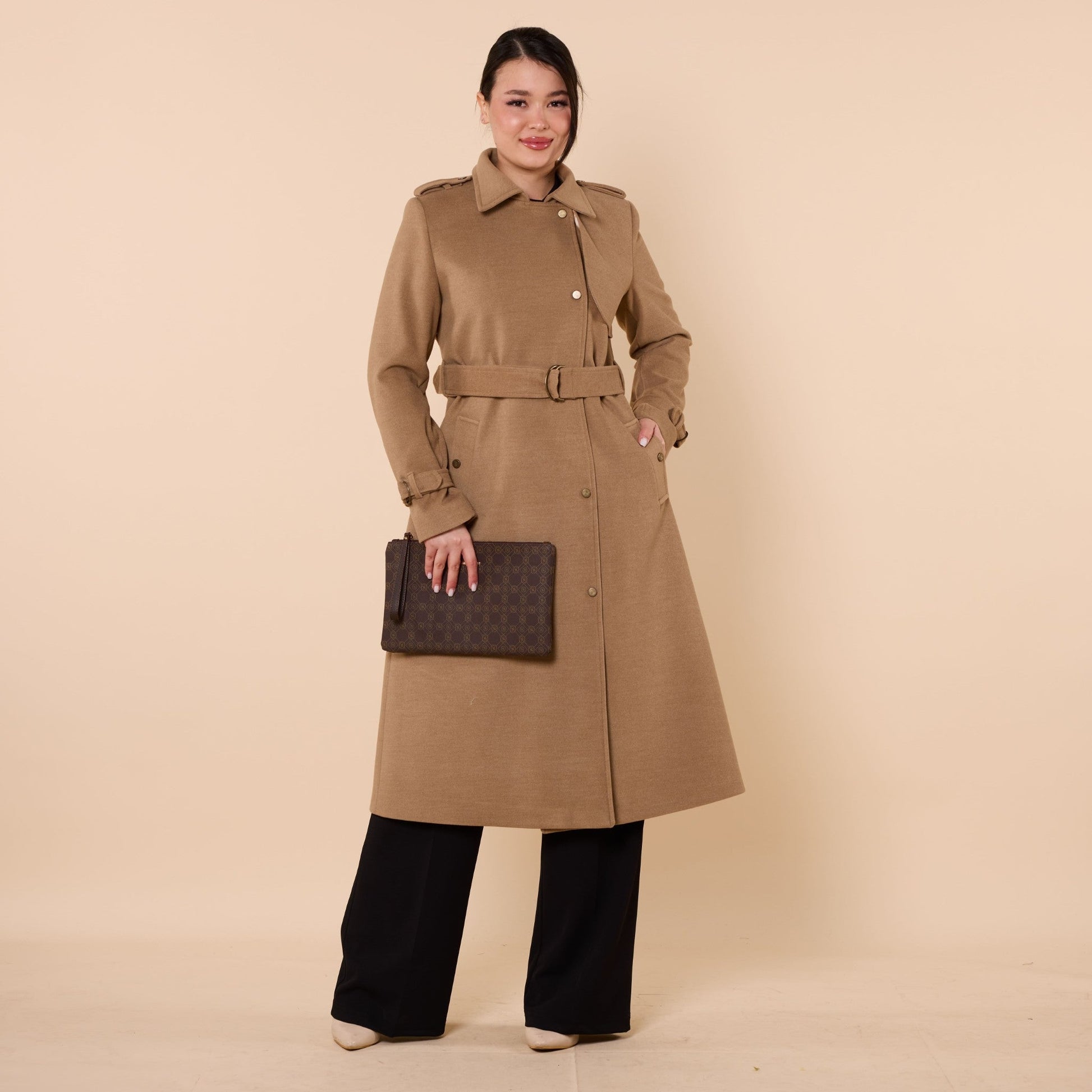 Polo Collar Double Breasted Belted Wool Coat With Lining