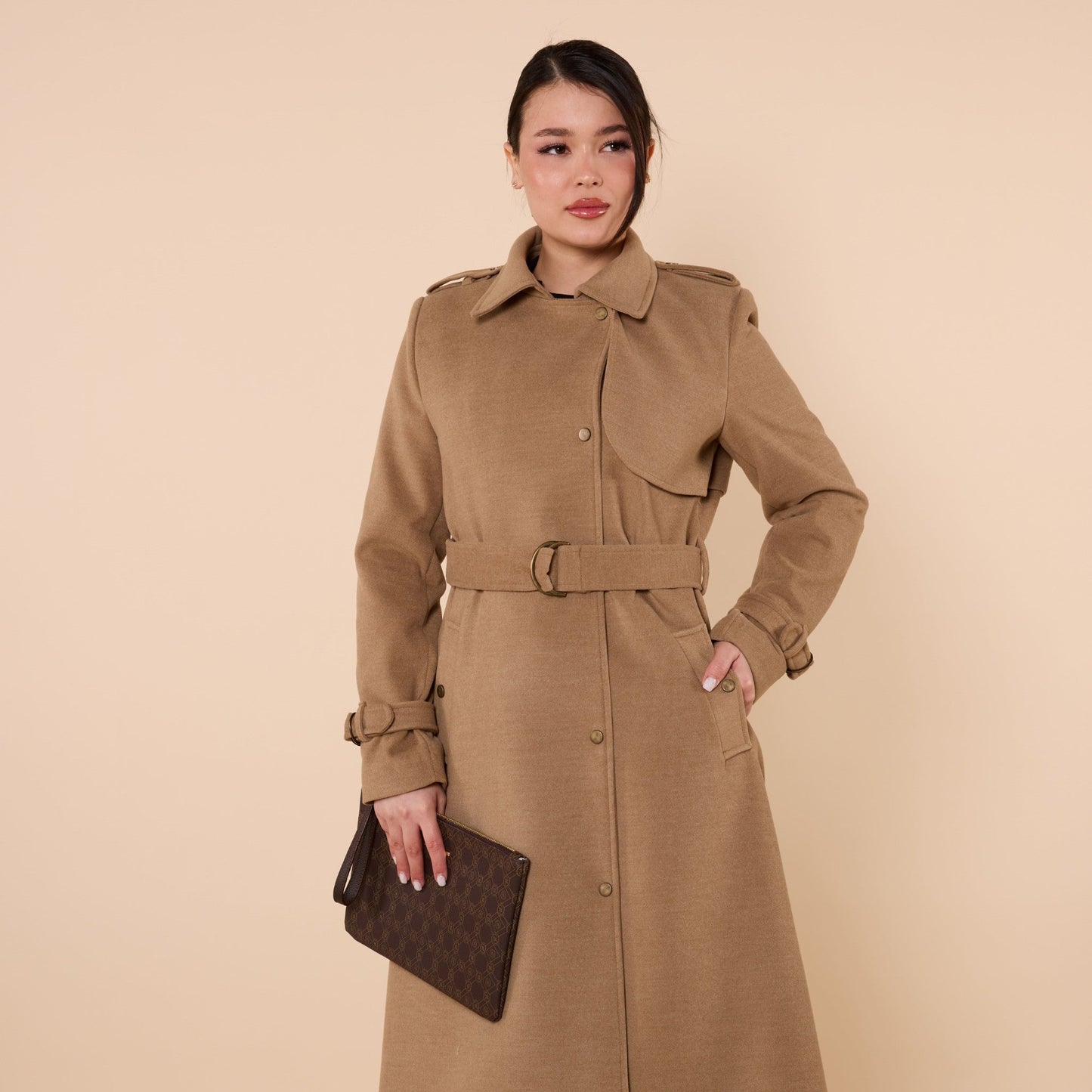 Polo Collar Double Breasted Belted Wool Coat With Lining