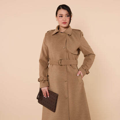 Polo Collar Double Breasted Belted Wool Coat With Lining