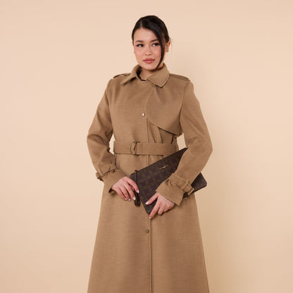 Polo Collar Double Breasted Belted Wool Coat With Lining