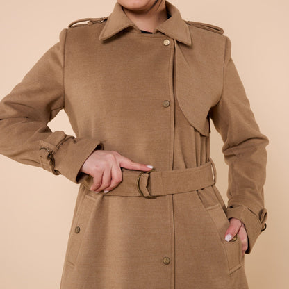 Polo Collar Double Breasted Belted Wool Coat With Lining