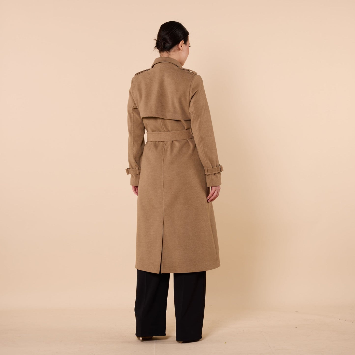 Polo Collar Double Breasted Belted Wool Coat With Lining