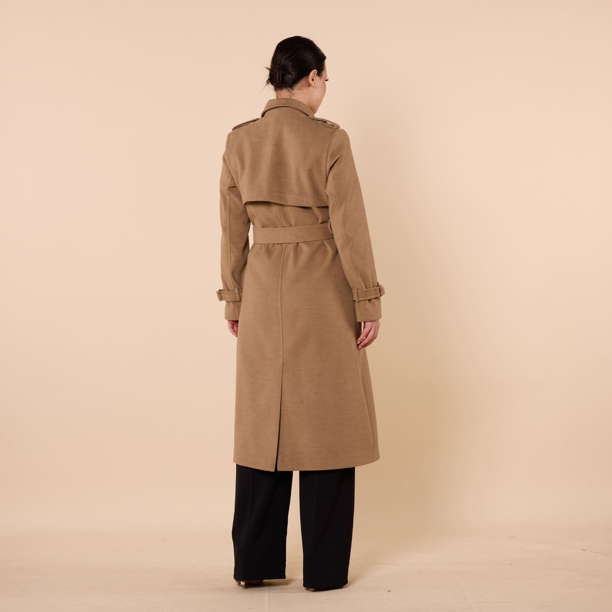 Polo Collar Double Breasted Belted Wool Coat With Lining