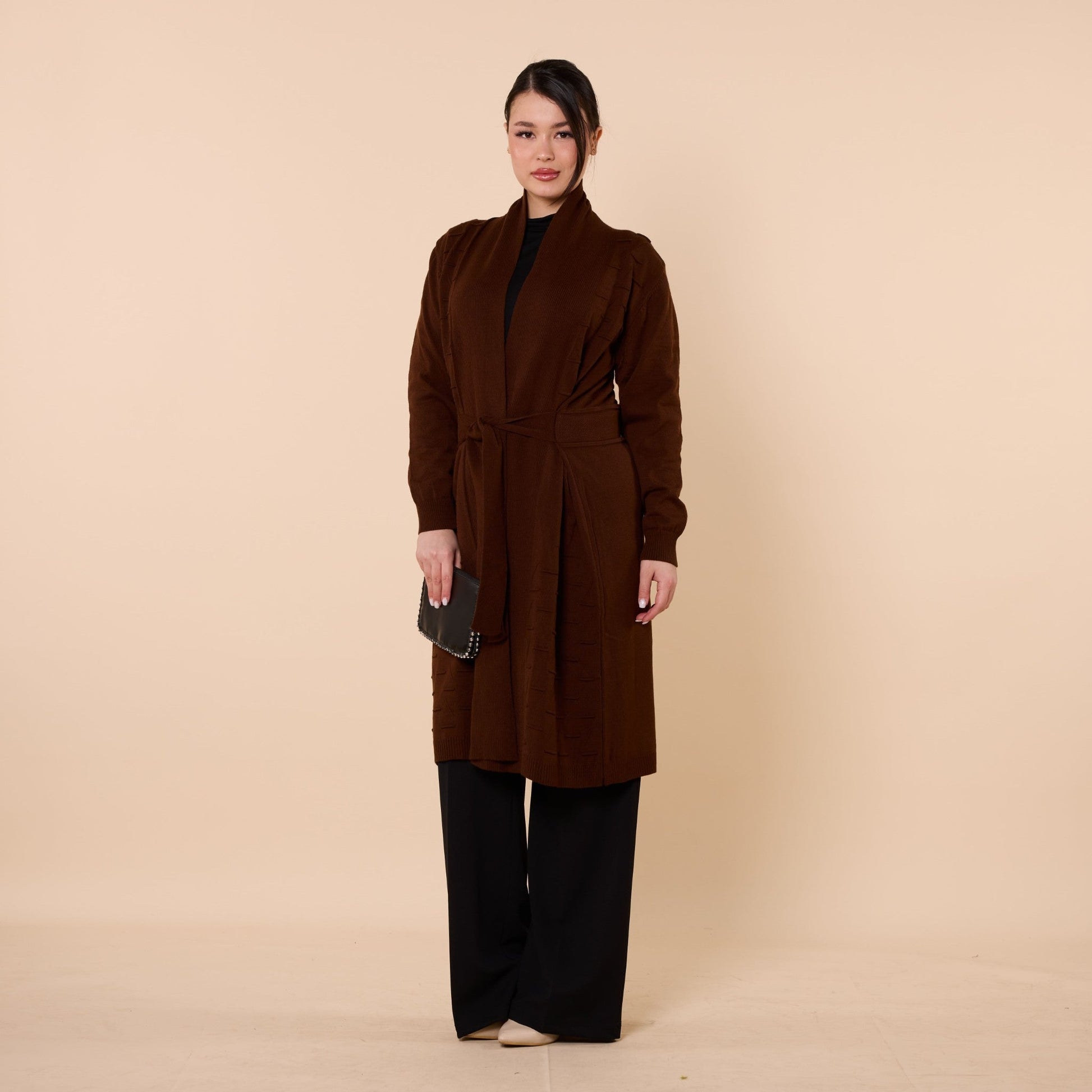Patterned Shawl Collar Cardigan With Waist Tie