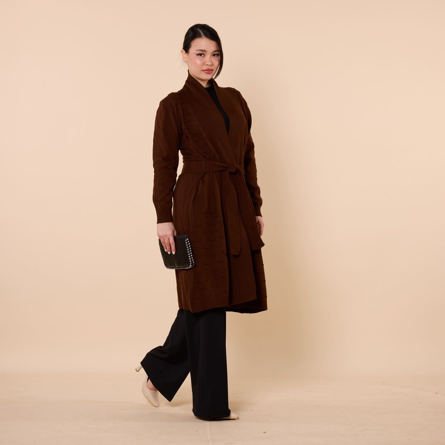 Patterned Shawl Collar Cardigan With Waist Tie