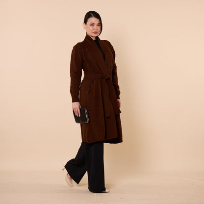 Patterned Shawl Collar Cardigan With Waist Tie