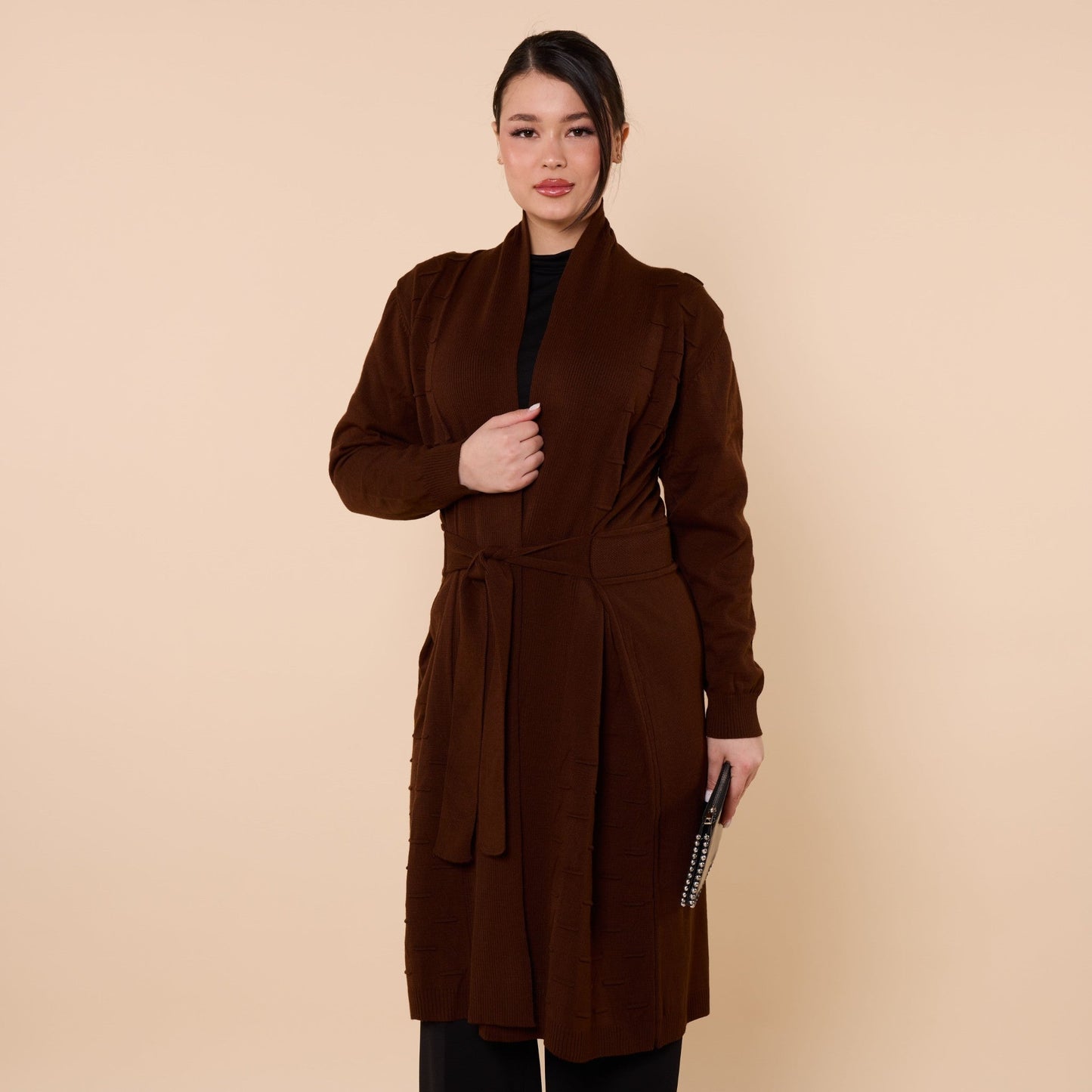 Patterned Shawl Collar Cardigan With Waist Tie