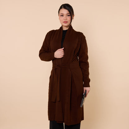 Patterned Shawl Collar Cardigan With Waist Tie
