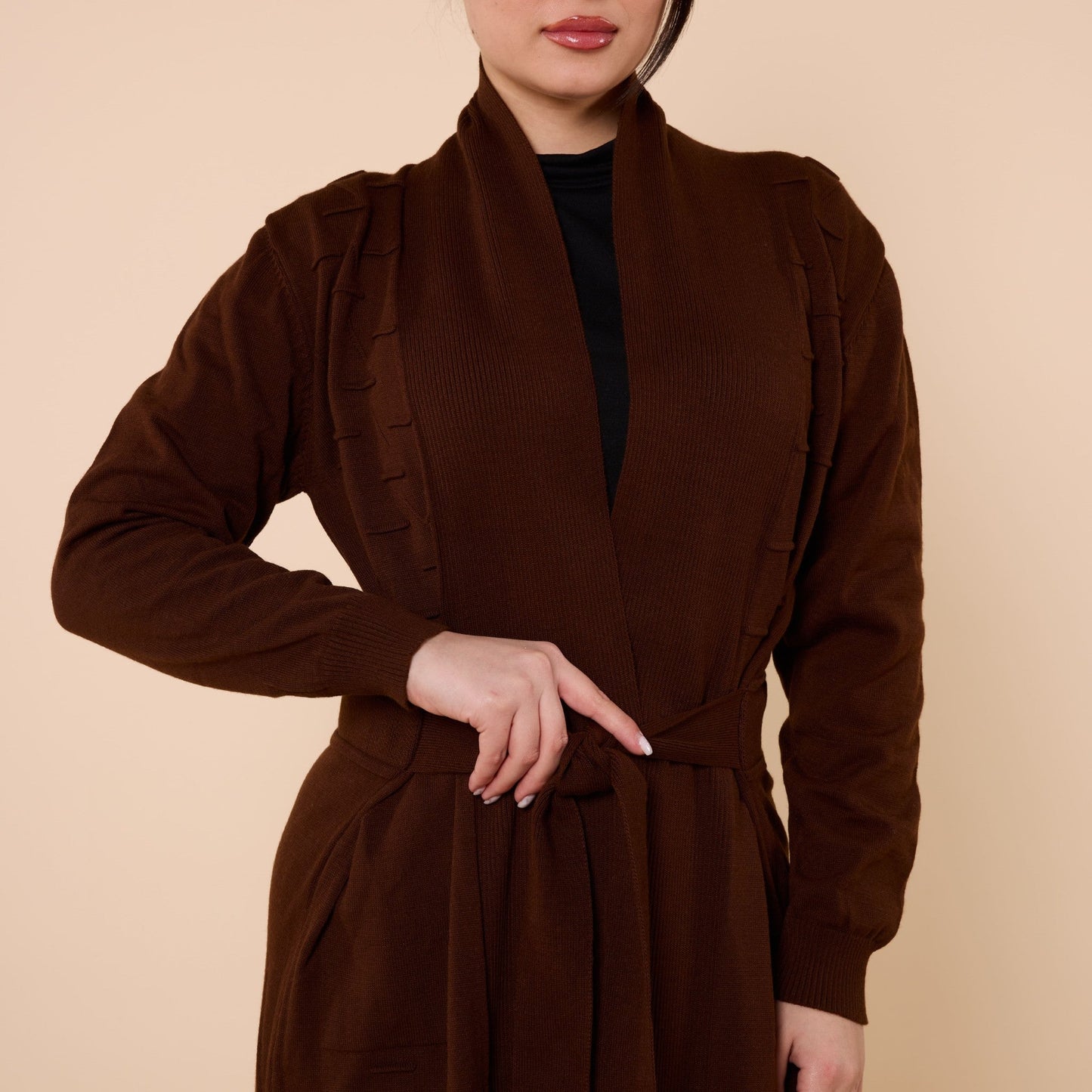 Patterned Shawl Collar Cardigan With Waist Tie