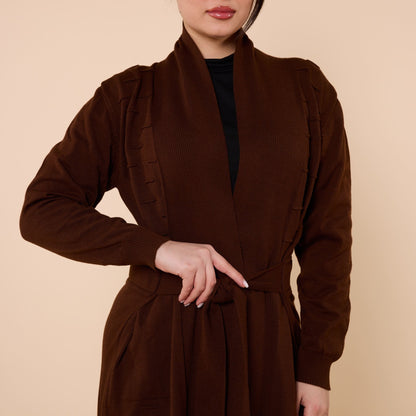 Patterned Shawl Collar Cardigan With Waist Tie