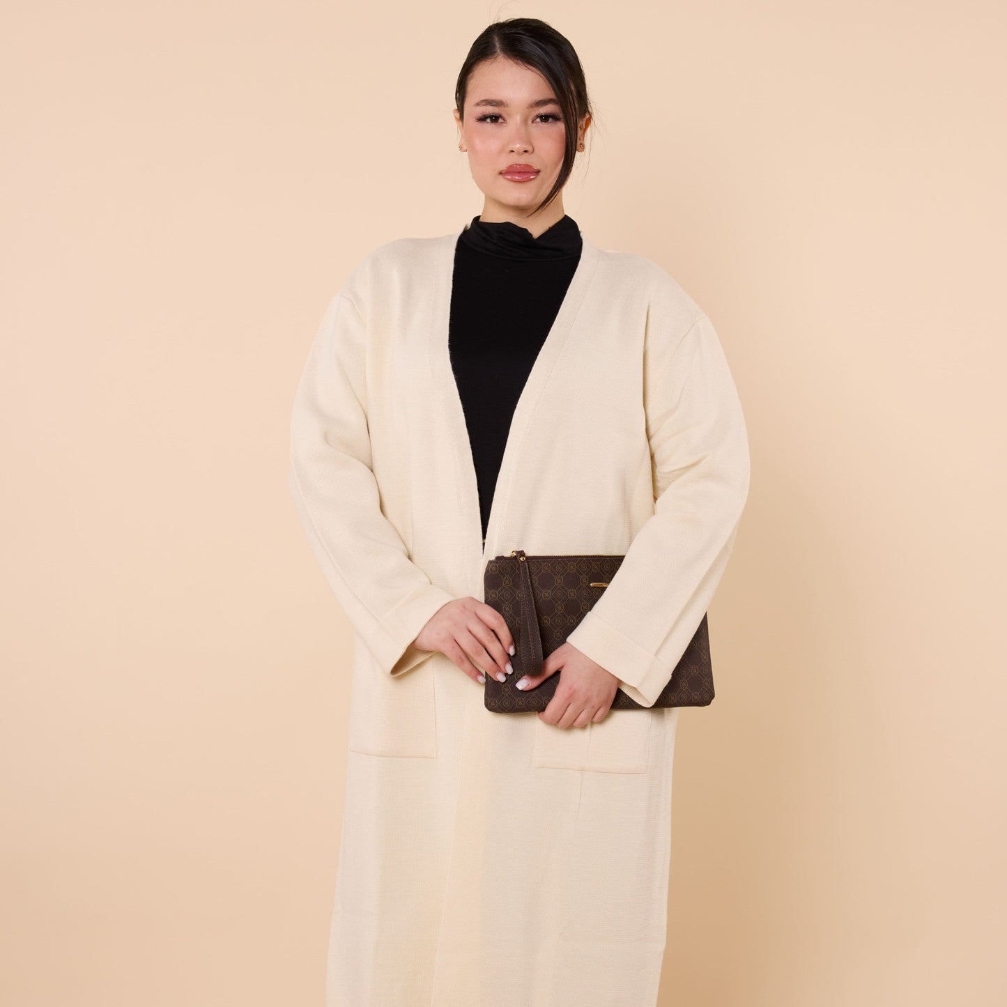 Plain Long Cardigan With Shawl Collar And Pockets