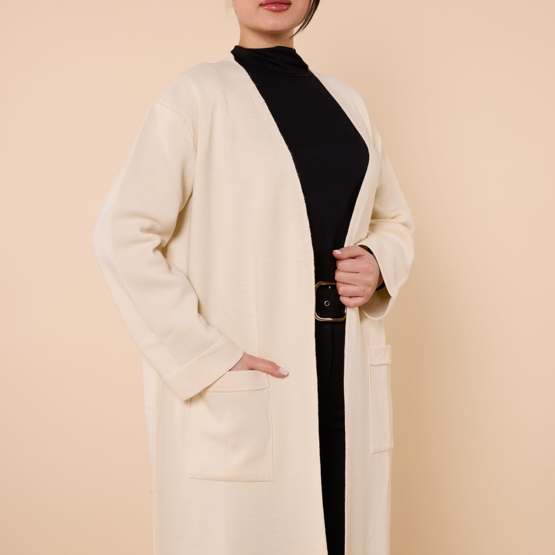 Plain Long Cardigan With Shawl Collar And Pockets