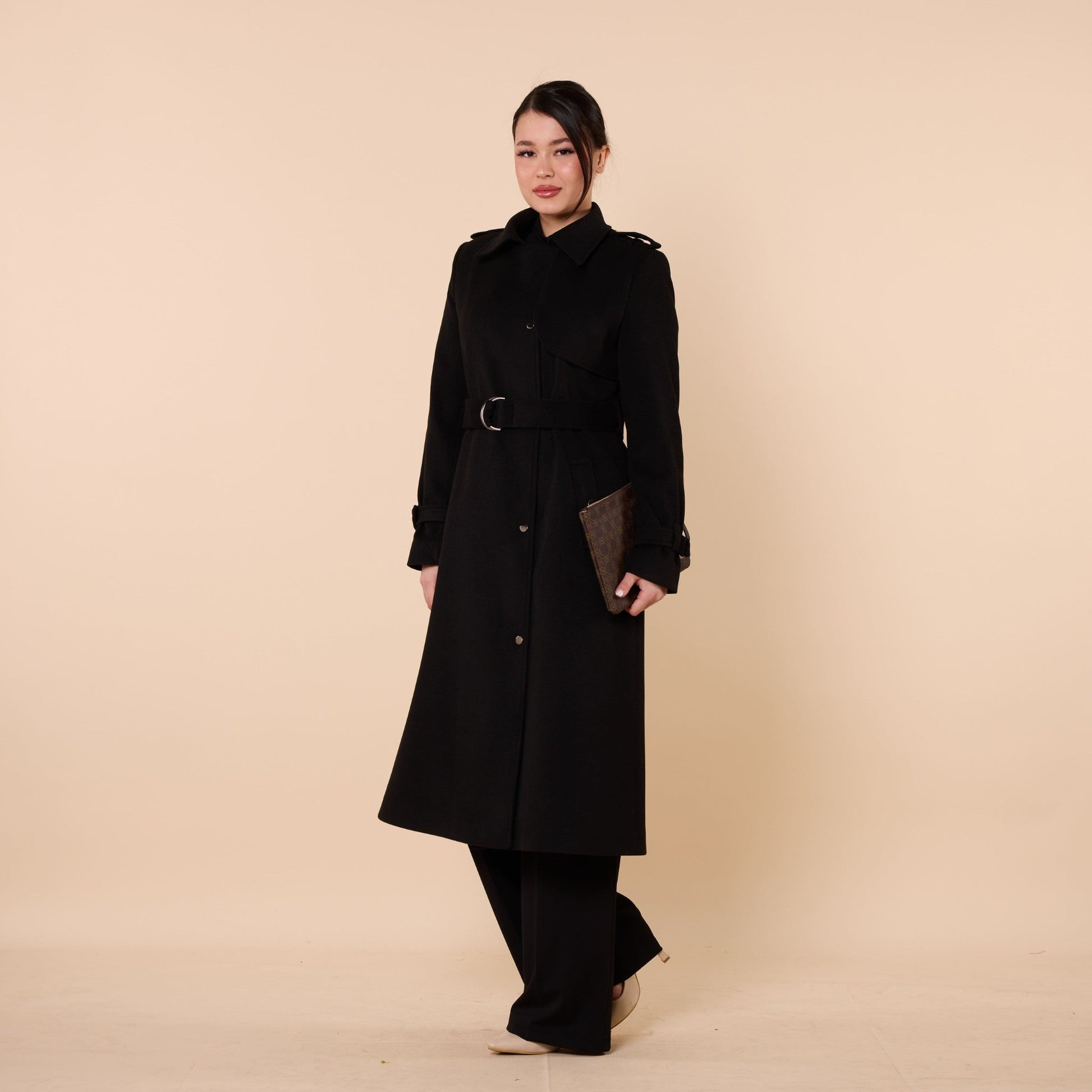 Polo Collar Double Breasted Belted Wool Coat With Lining