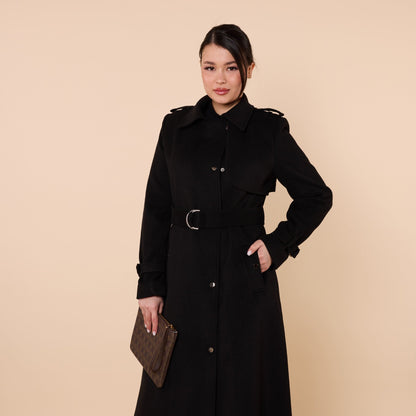 Polo Collar Double Breasted Belted Wool Coat With Lining