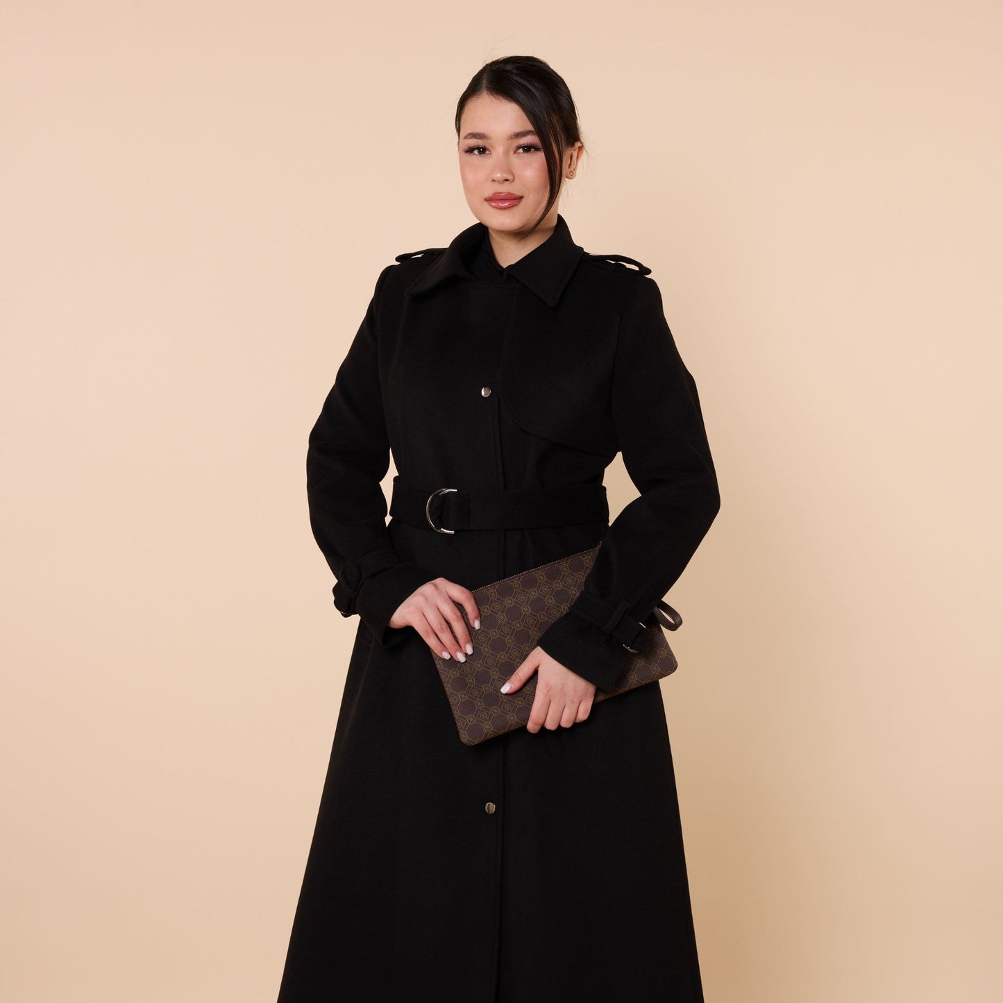 Polo Collar Double Breasted Belted Wool Coat With Lining