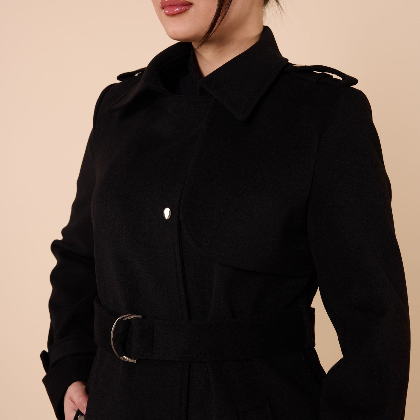 Polo Collar Double Breasted Belted Wool Coat With Lining