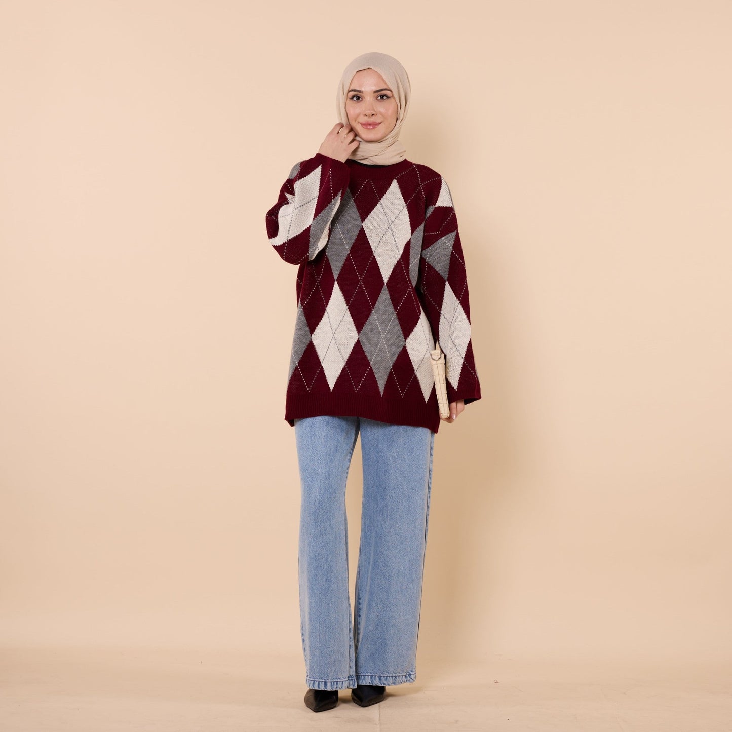 Diamond Pattern Relaxed Fit Knit Sweater