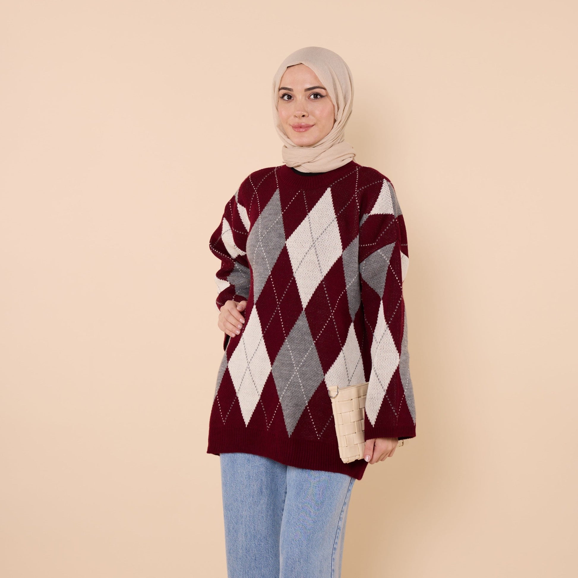 Diamond Pattern Relaxed Fit Knit Sweater