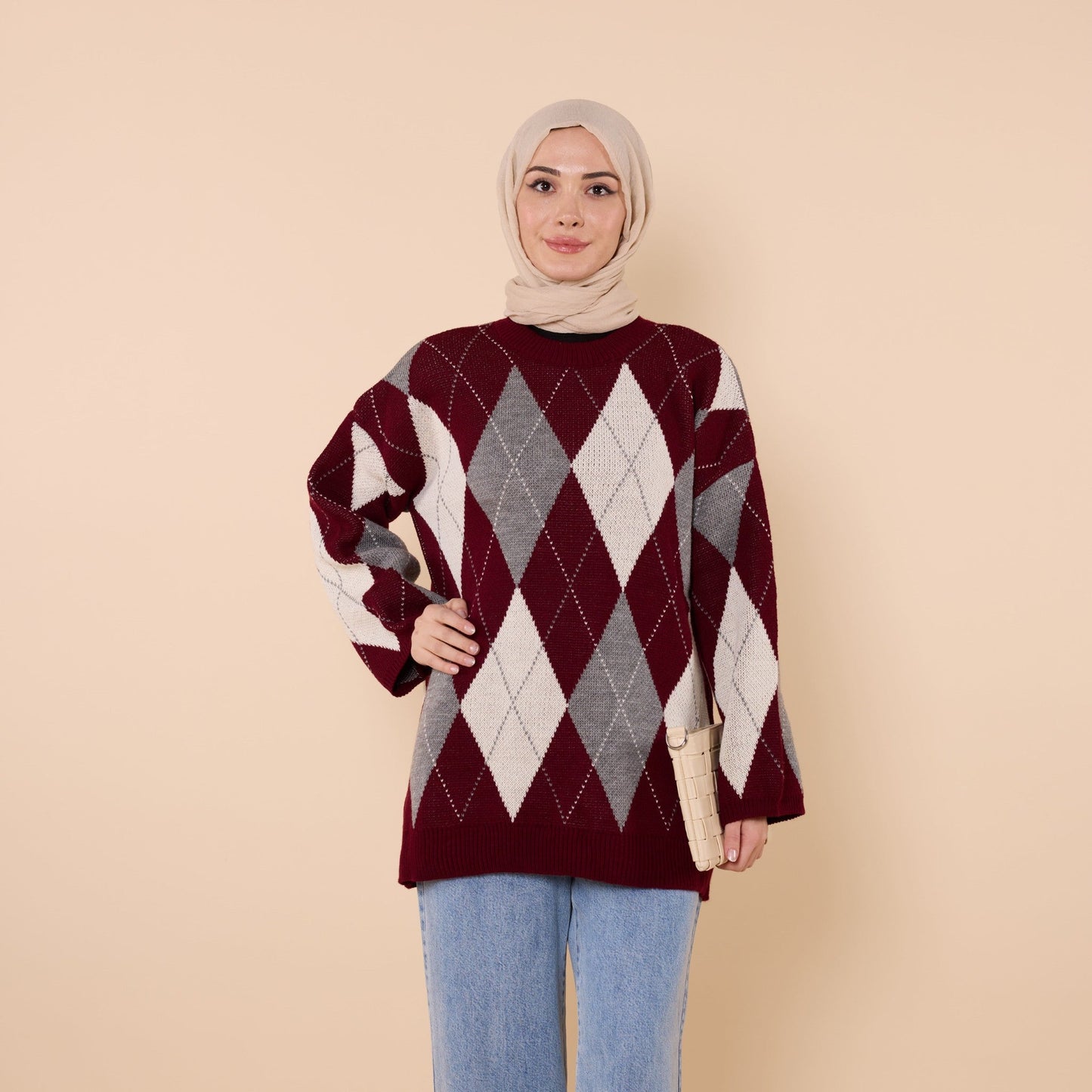 Diamond Pattern Relaxed Fit Knit Sweater