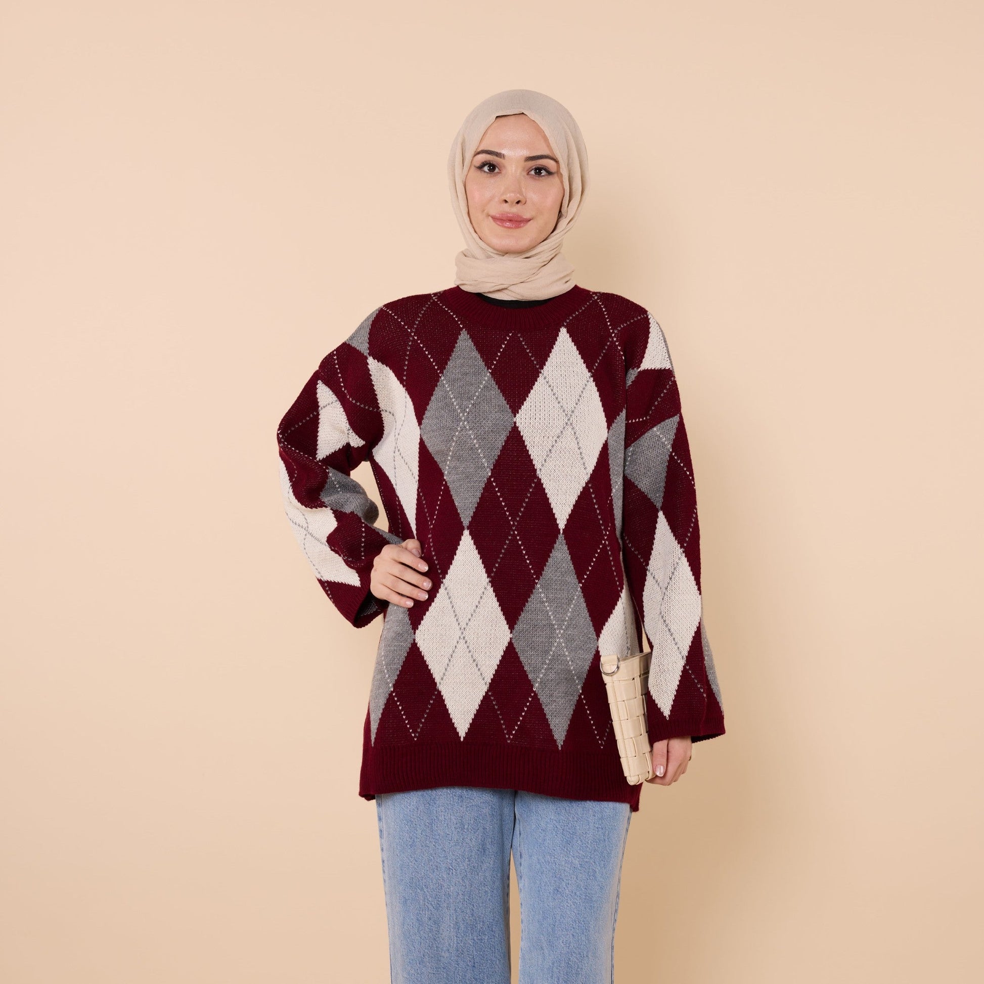 Diamond Pattern Relaxed Fit Knit Sweater
