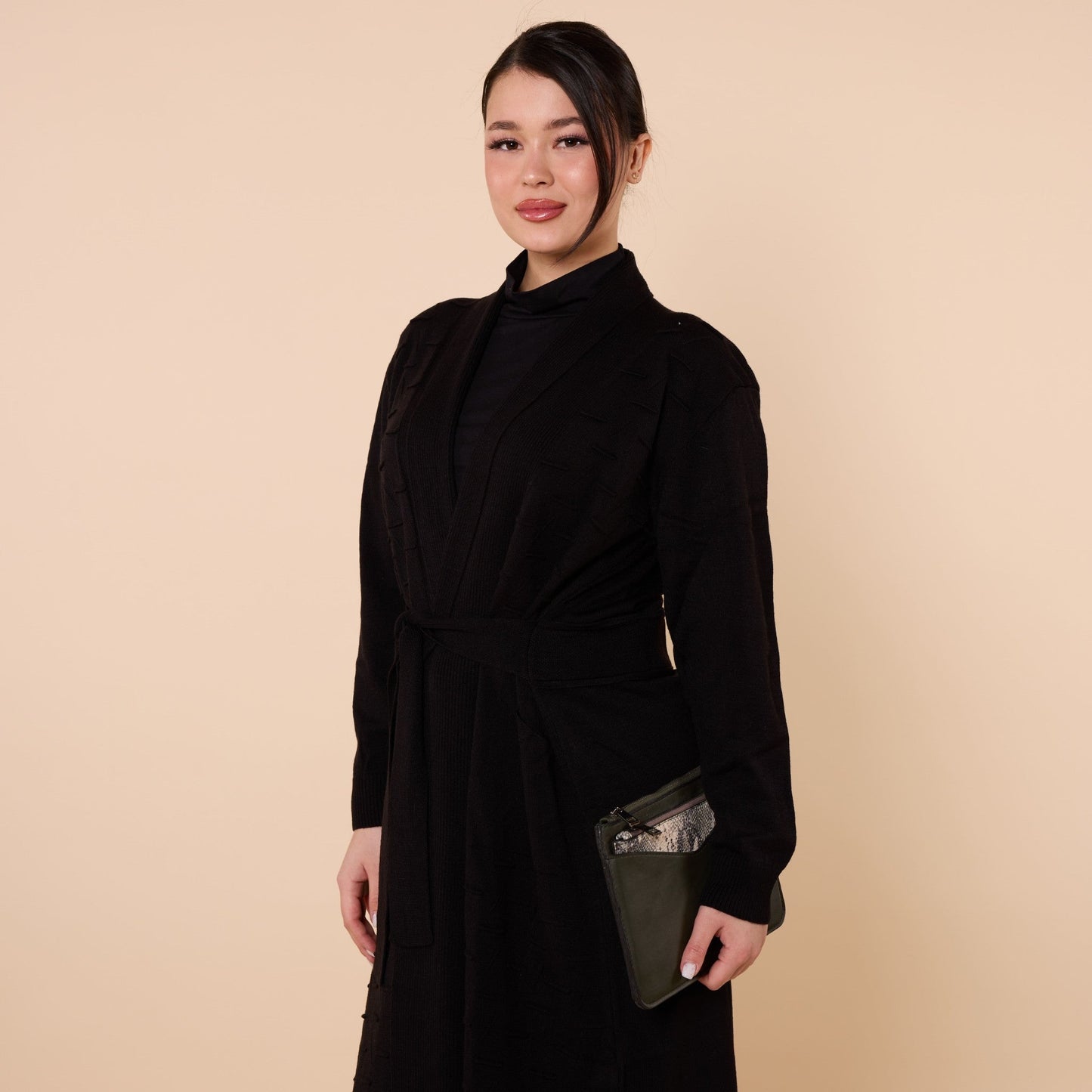 Patterned Shawl Collar Cardigan With Waist Tie
