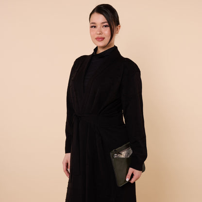 Patterned Shawl Collar Cardigan With Waist Tie
