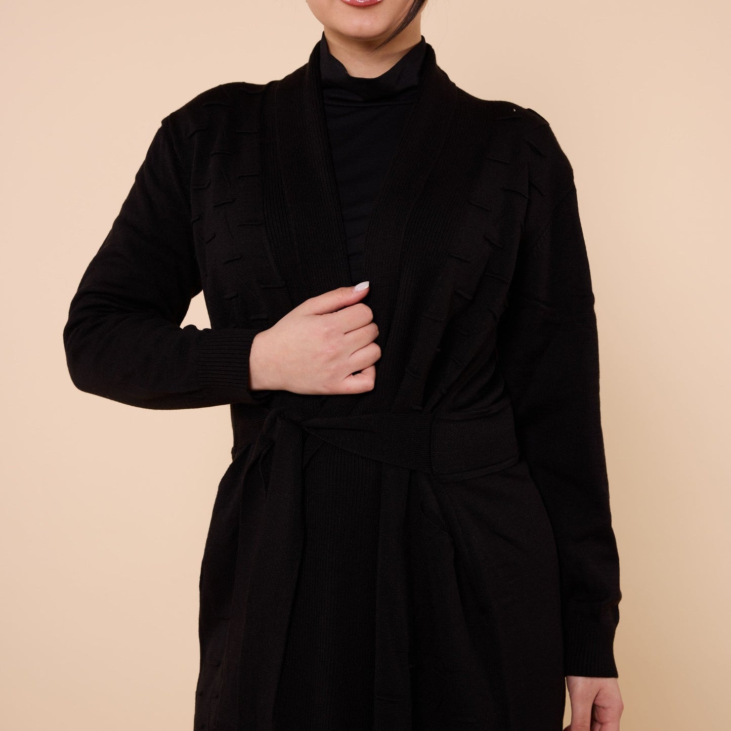 Patterned Shawl Collar Cardigan With Waist Tie