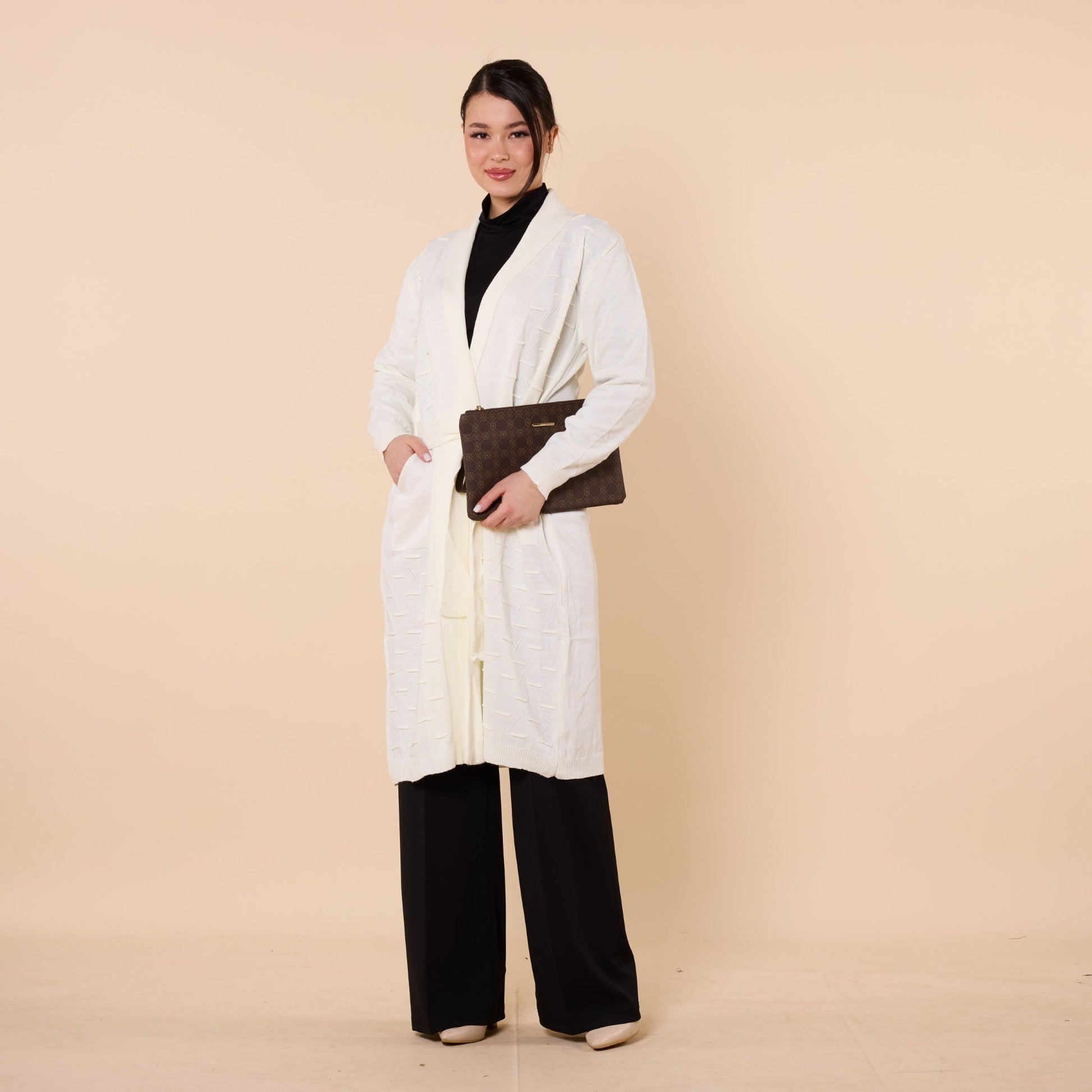 Patterned Shawl Collar Cardigan With Waist Tie