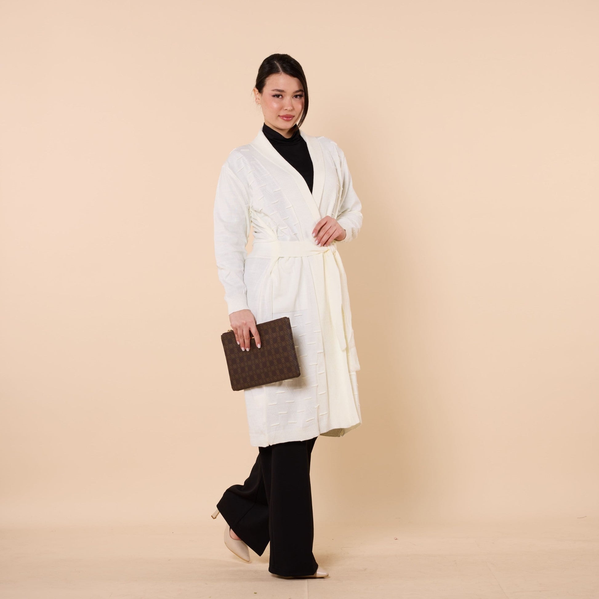 Patterned Shawl Collar Cardigan With Waist Tie