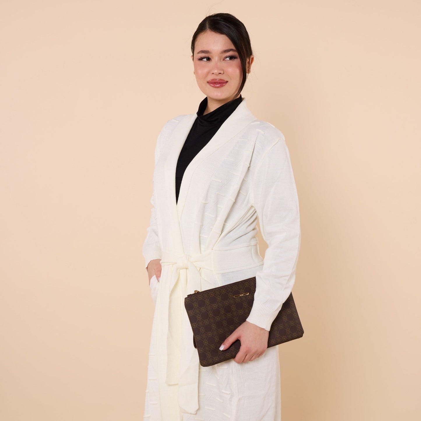 Patterned Shawl Collar Cardigan With Waist Tie