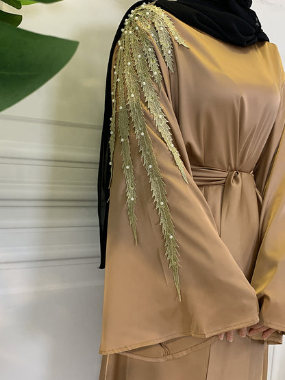 Zaibah Satin Dress-Gold Embroidery